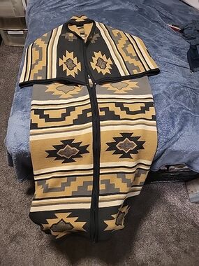 Geometric Aztec Zip Poncho Cardigan in Mustard and Black